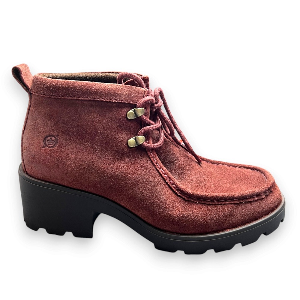 Born Suede Moc Toe Ankle Boots Size 8M Brick Red Lug Sole Chunky Heel Chukka